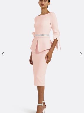 Elegant Light Pink Peplum Midi Dress with Waist Detail